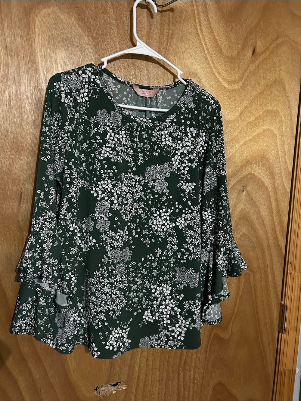 Amiana Dark Green White Floral Ruffle-Sleeve Blouse